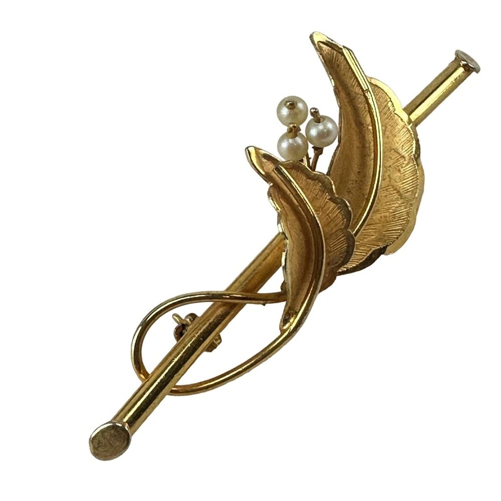 12k Gold Filled Bar Pin Brooch Vintage Leaf and Pearl Accents
